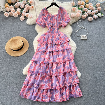 Floral Ruched Waist Layered Dress - Purple